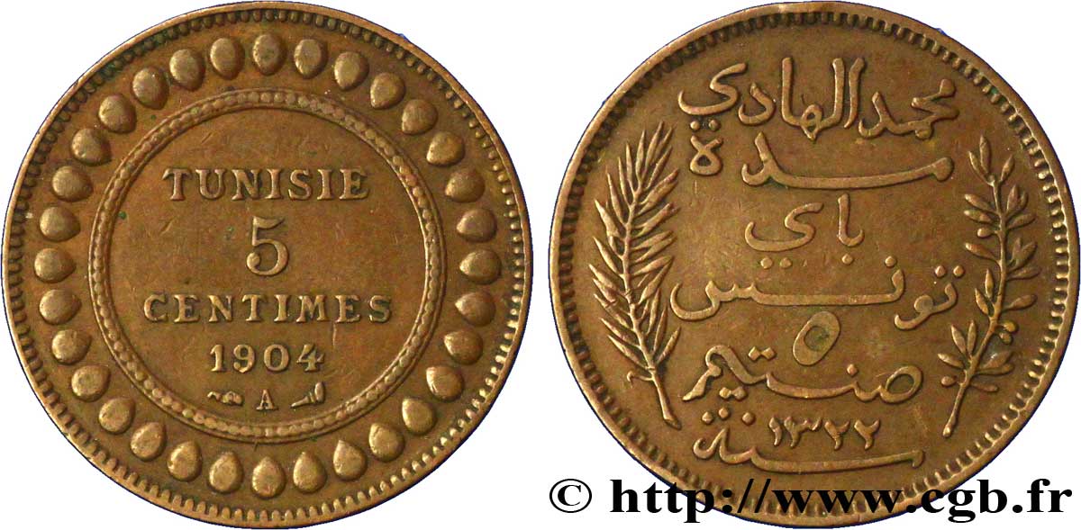 TUNEZ - Protectorado Frances 5 Centimes AH1322 1904 Paris MBC 