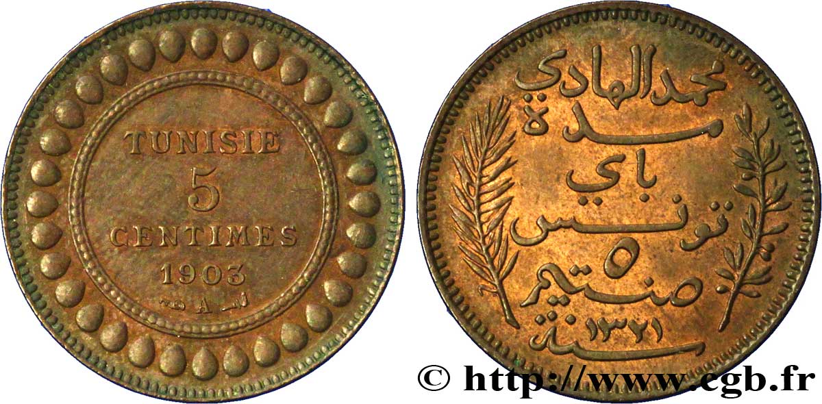 TUNISIA - French protectorate 5 Centimes AH1321 1903 Paris AU 