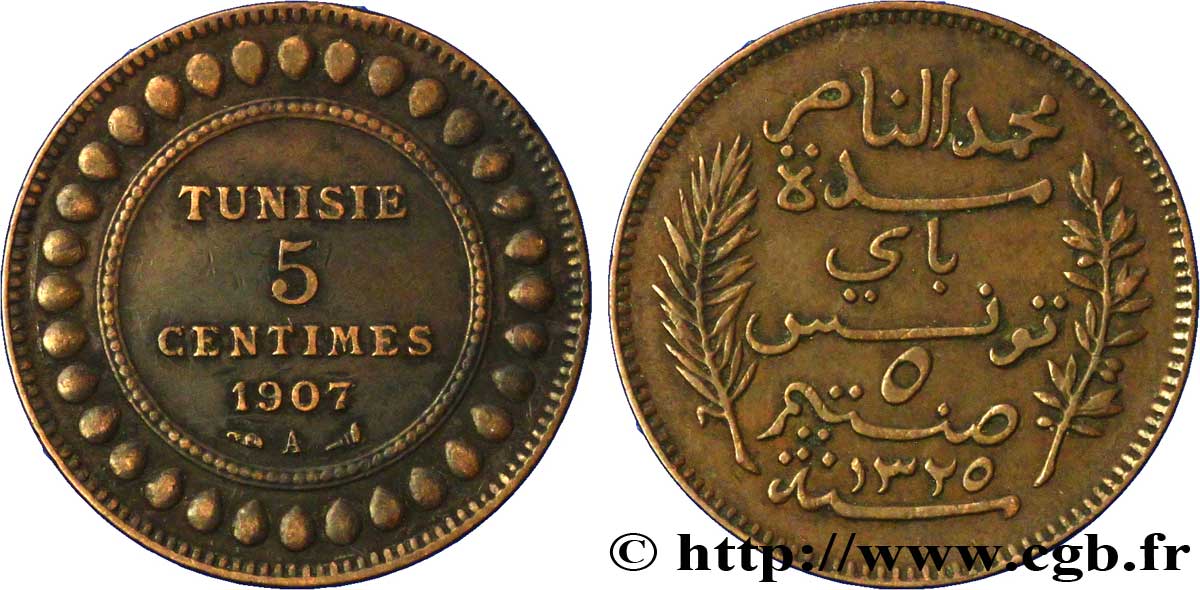 TUNEZ - Protectorado Frances 5 Centimes AH1325 1907 Paris MBC 