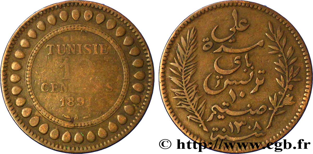 TUNISIA - French protectorate 10 Centimes AH1308 1891 Paris VF 