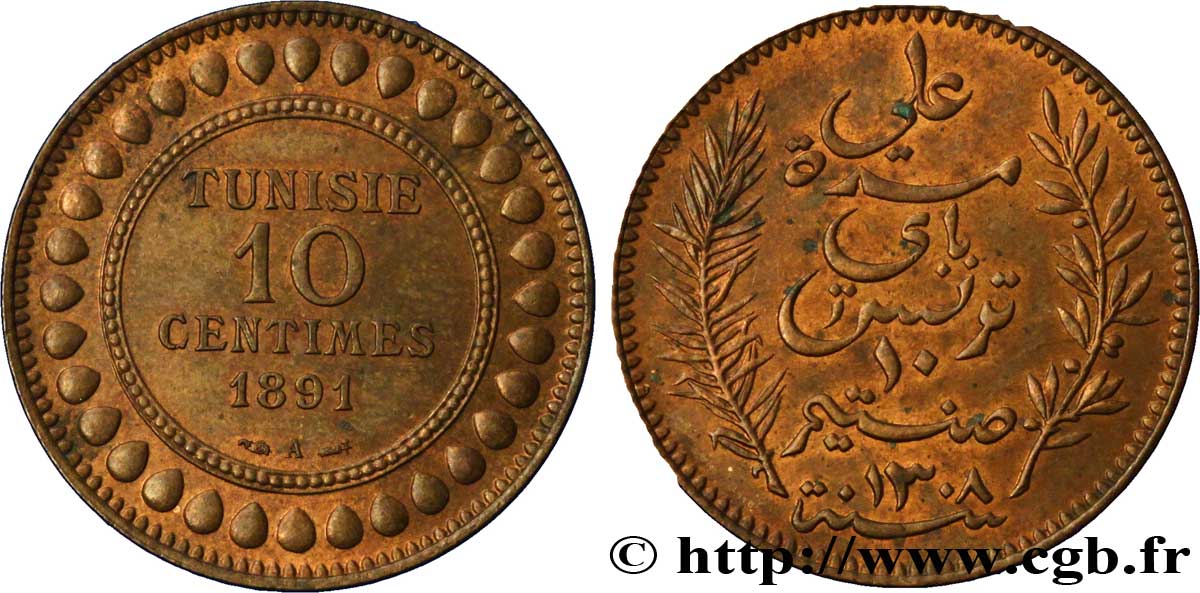 TUNISIA - FRENCH PROTECTORATE 10 Centimes AH1308 1891 Paris AU 