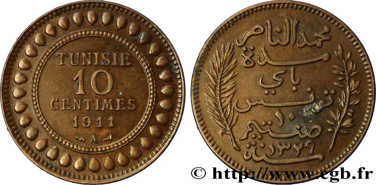TUNISIA - Protettorato Francese 10 Centimes AH1329 1911 Paris SPL 