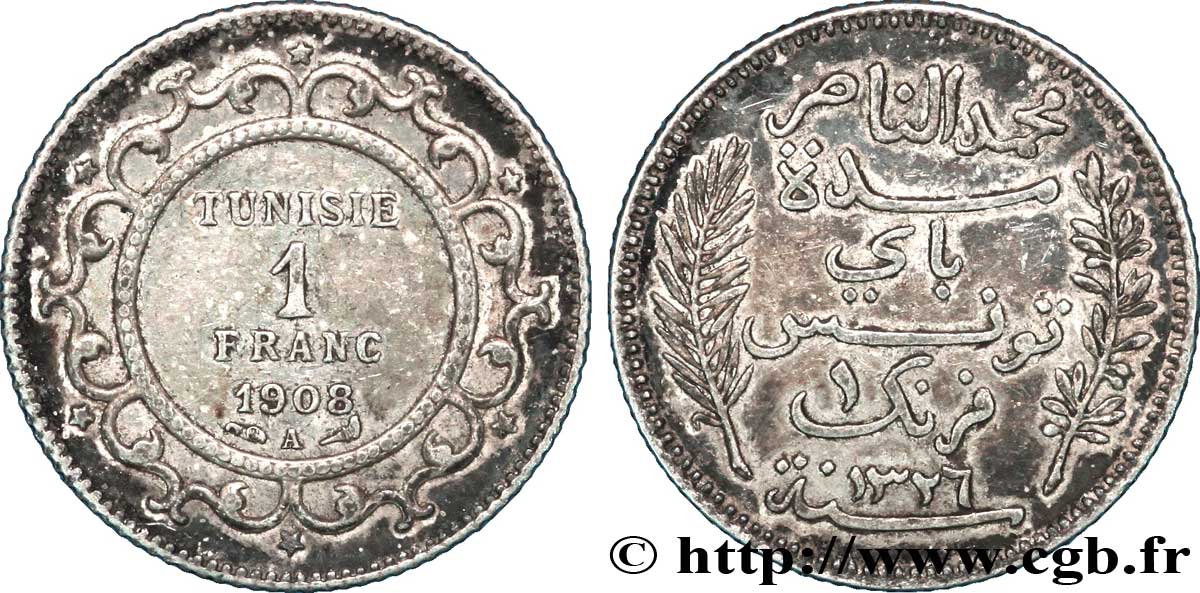 TUNISIA - Protettorato Francese 1 Franc AH1326 1908 Paris BB 