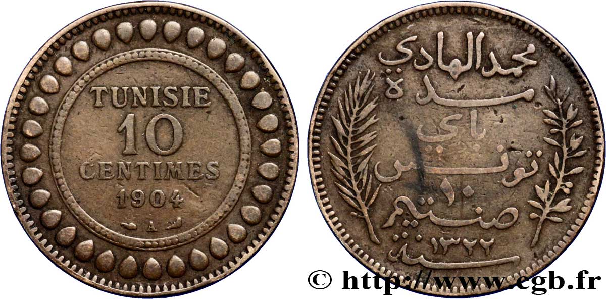 TUNISIA - French protectorate 10 Centimes AH1322 1904 Paris VF 