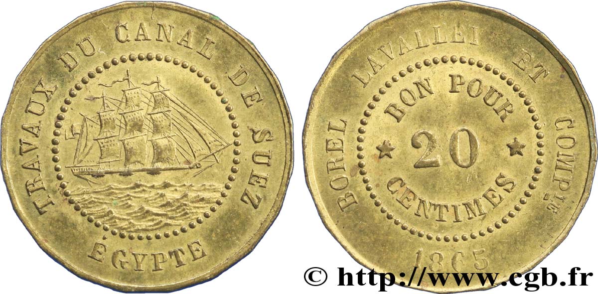 EGITTO - CANALE DI SUEZ 20 Centimes Borel Lavalley et Compagnie 1865  SPL 
