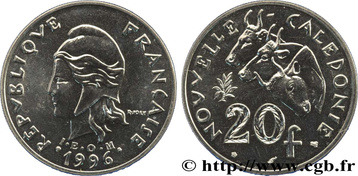 NEW CALEDONIA 20 Francs I.E.O.M. Marianne / zébus d’élevage de Nouvelle Calédonie  1996 Paris MS 