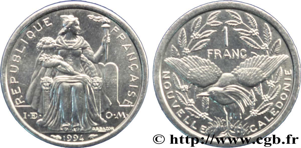 NOUVELLE CALÉDONIE 1 Franc I.E.O.M. représentation allégorique de Minerve / Kagu, oiseau de Nouvelle-Calédonie 1994 Paris SPL 