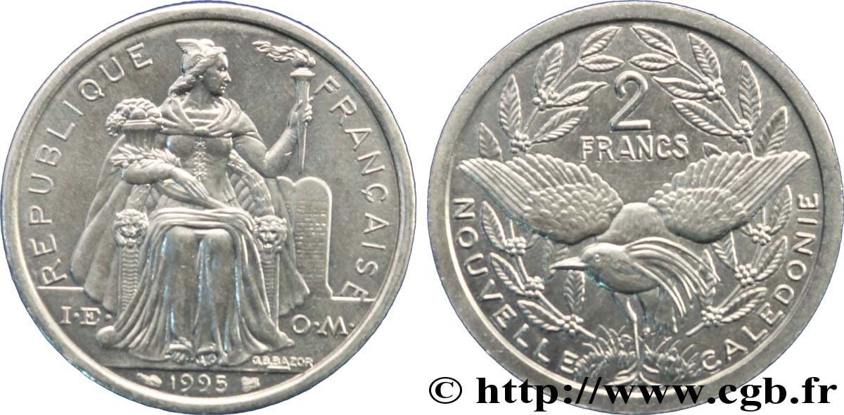 NUOVA CALEDONIA 2 Francs I.E.O.M. représentation allégorique de Minerve / Kagu, oiseau de Nouvelle-Calédonie 1995 Paris MS 