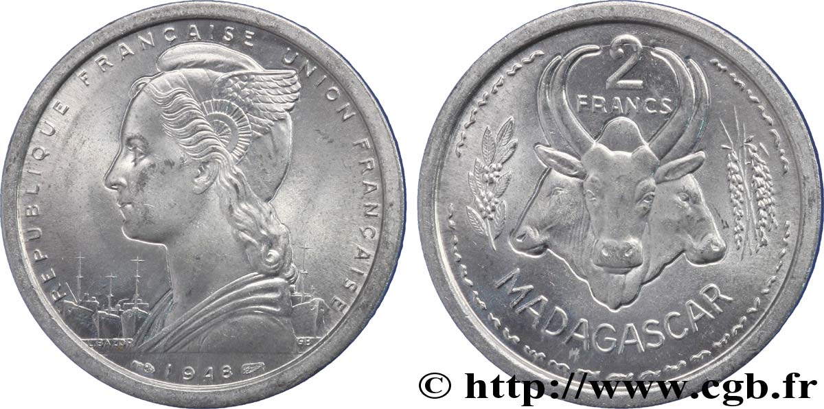 MADAGASCAR French Union 2 Francs 1948 Paris MS 