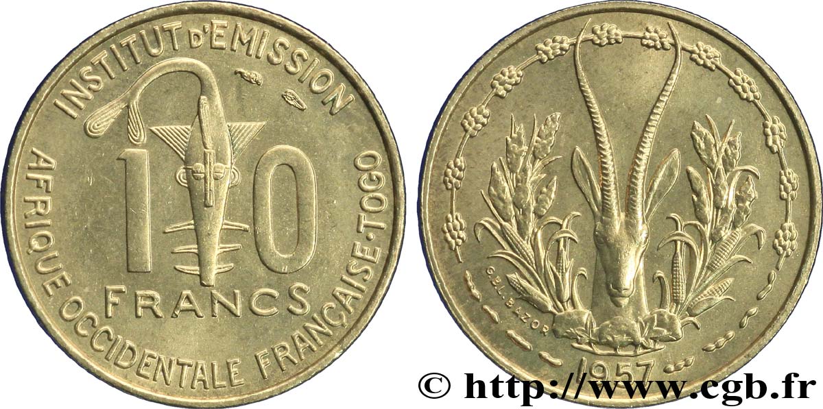 AFRIQUE OCCIDENTALE FRANÇAISE - TOGO 10 Francs masque / antilope 1957 Paris SUP 