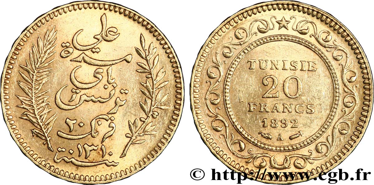TUNEZ - Protectorado Frances 20 Francs or Bey Ali AH 1309 1892 Paris EBC 