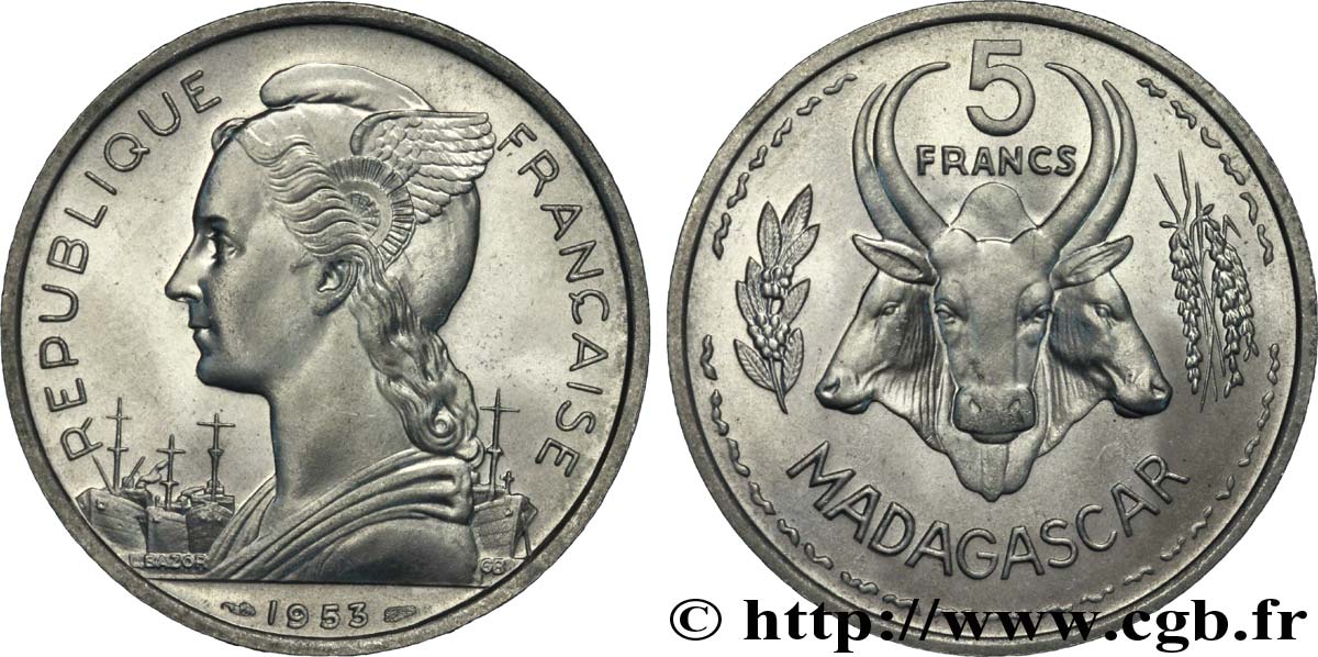 MADAGASCAR French Union 5 Francs Marianne / Buffle 1953 Paris MS 