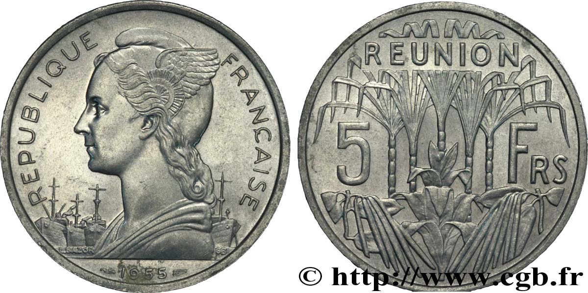 REUNION ISLAND 5 Francs Marianne / canne à sucre 1955 Paris AU 