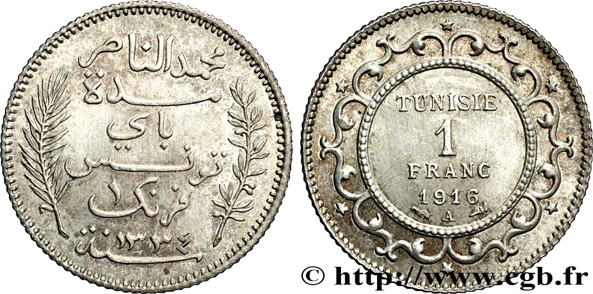 TUNESIEN - Französische Protektorate  1 Franc AH1334 1916 Paris fST 