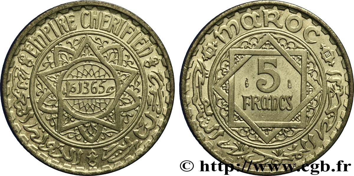 MARUECOS - PROTECTORADO FRANCÉS 5 Francs AH 1365 1946  SC 