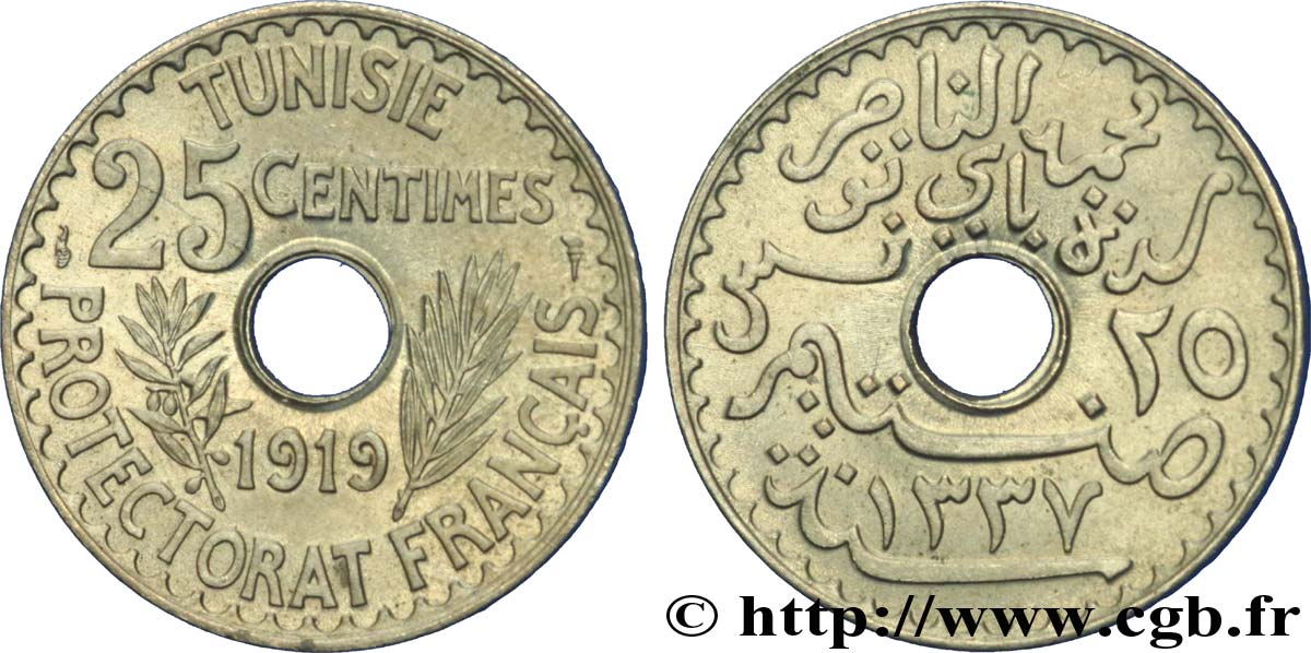 TUNISIA - French protectorate 25 Centimes AH1337 1919 Paris MS 