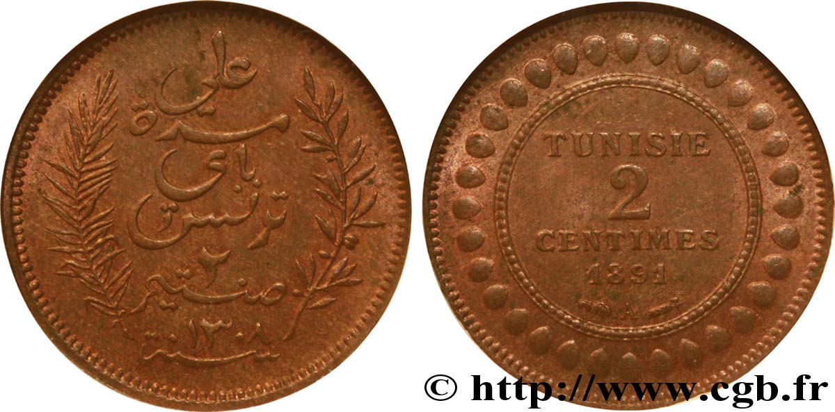 TUNISIA - French protectorate 2 Centimes AH1308 1891  MS62 