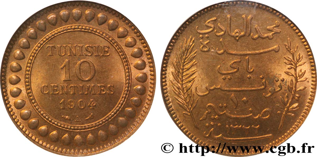 TUNISIA - Protettorato Francese 10 Centimes AH1322 1904 Paris FDC65 NGC