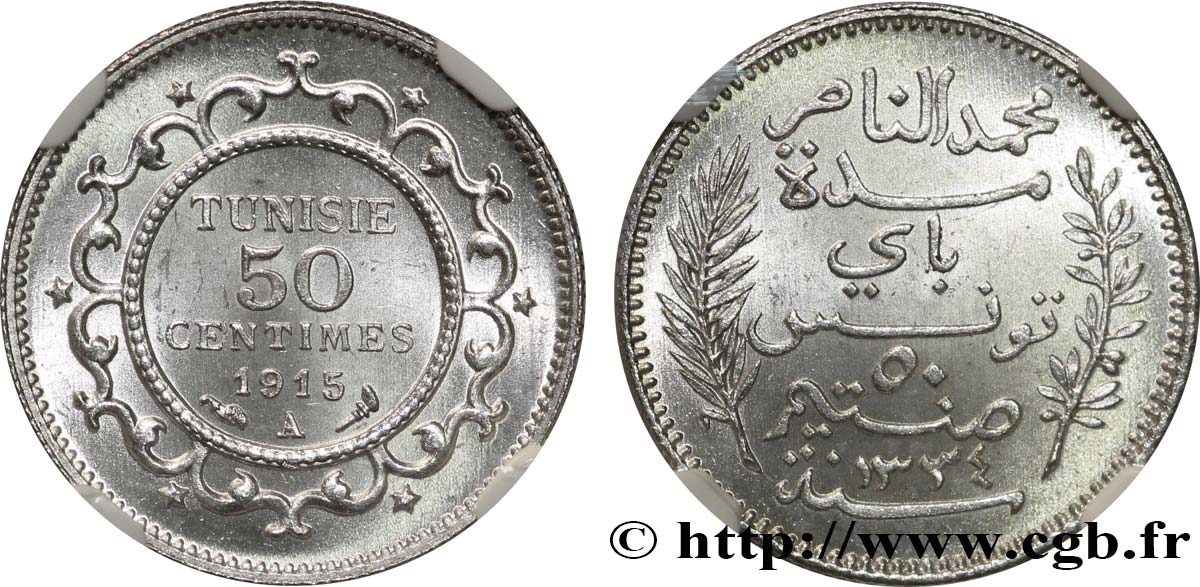 TUNESIEN - Französische Protektorate  50 Centimes AH1334 1915 Paris ST65 NGC
