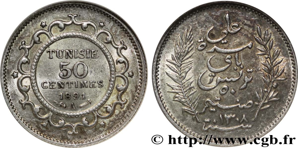 TUNISIA - Protettorato Francese 50 Centimes AH 1308 1891 Paris SPL58 NGC