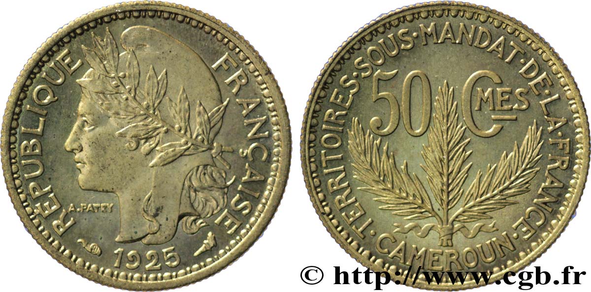 CAMERUN - Mandato Francese 50 Centimes, pré-série de Morlon poids lourd, 2,5 grammes 1925 Paris FDC65 