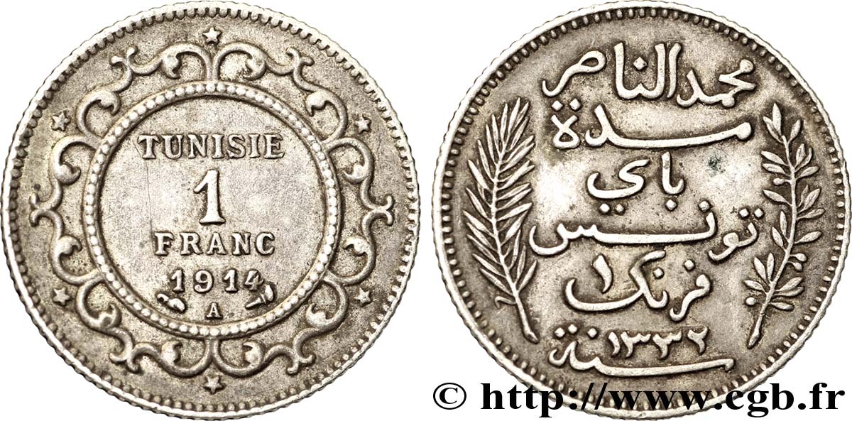 TUNEZ - Protectorado Frances 1 Franc AH 1332 1914 Paris MBC+ 