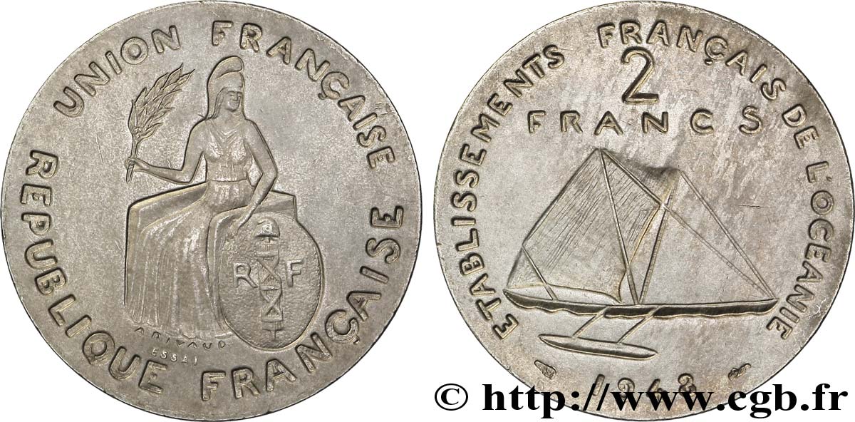 POLYNÉSIE FRANÇAISE - Océanie française Essai de 2 Francs type sans listel 1948 Paris SPL 