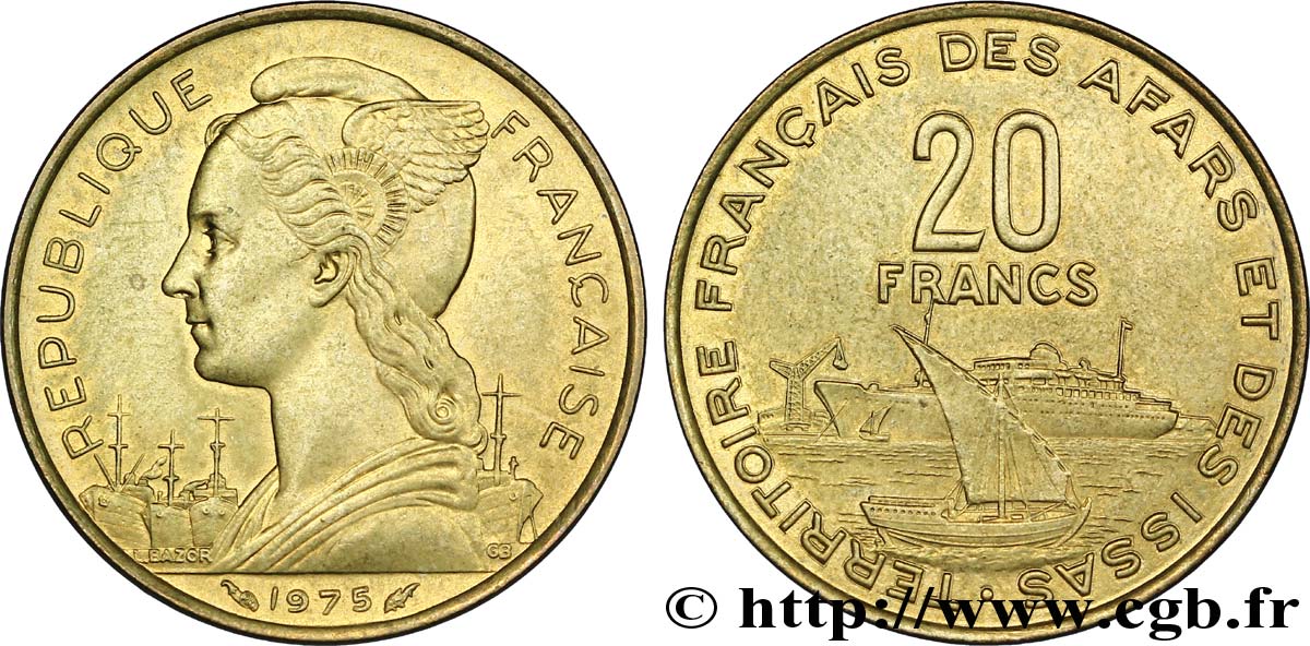DJIBOUTI - French Territory of the Afars and the Issas  20 Francs Marianne / port 1975 PARIS AU 