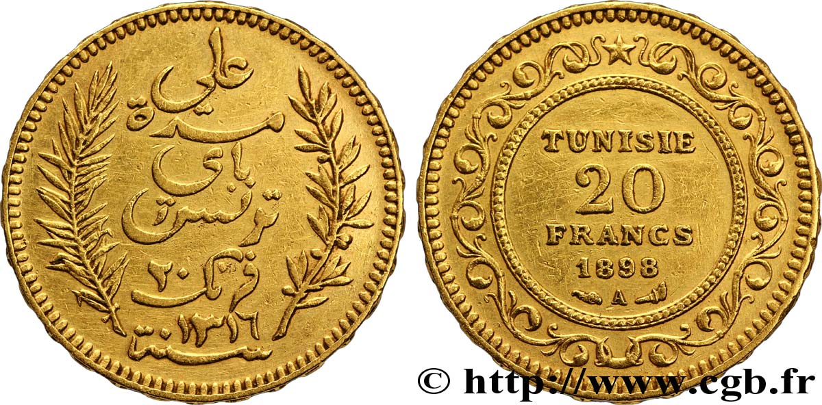 TUNEZ - Protectorado Frances 20 Francs or Bey Ali AH 1312 1898 Paris MBC+ 