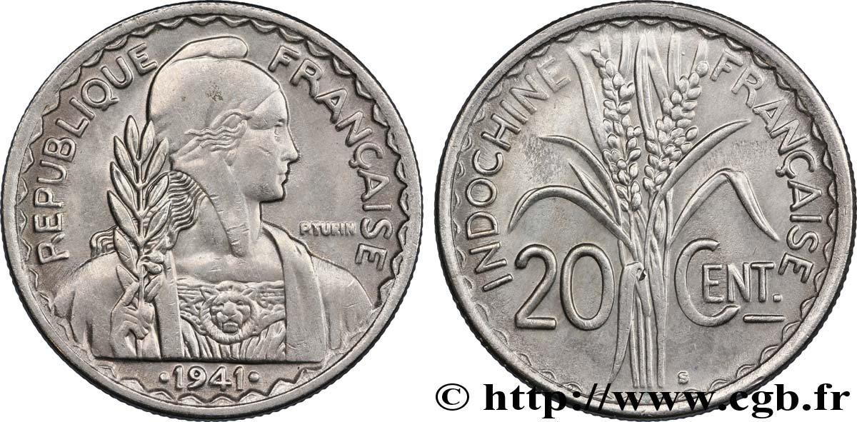 digitare 2a molto già Rame-Nickel 1941 20 Cen francese Indocina 23 1941 Tipo 