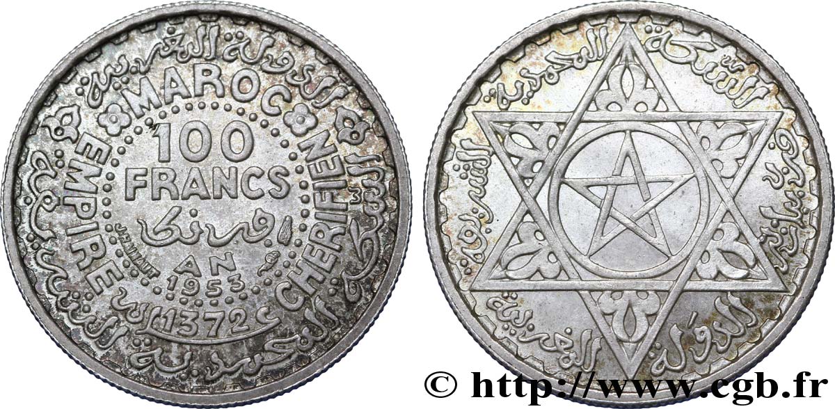 MAROCCO - PROTETTORATO FRANCESE 100 Francs AH 1372 1953 Paris MS 