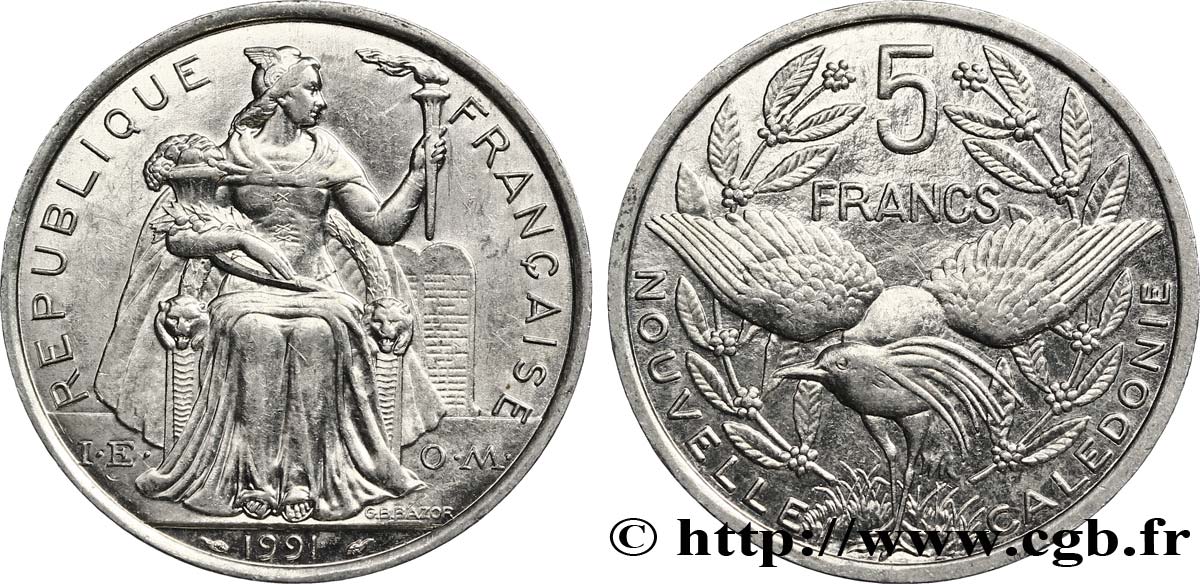 NEW CALEDONIA 5 Francs I.E.O.M. représentation allégorique de Minerve / Kagu, oiseau de Nouvelle-Calédonie 1991 Paris AU 