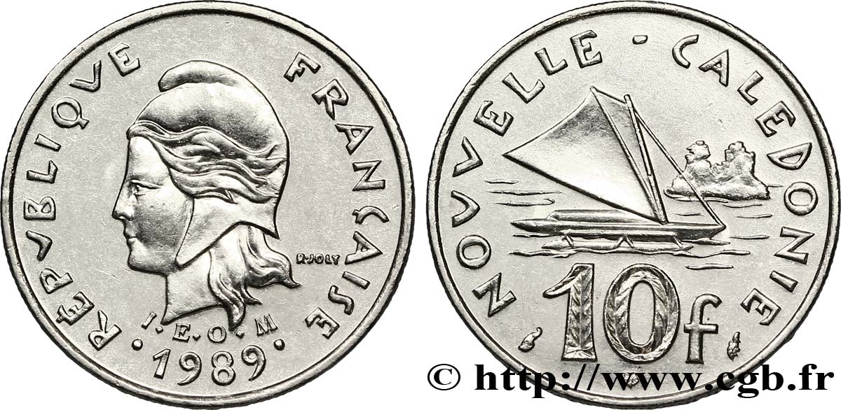 NEUKALEDONIEN 10 Francs I.E.O.M. Marianne / voilier 1989 Paris VZ 