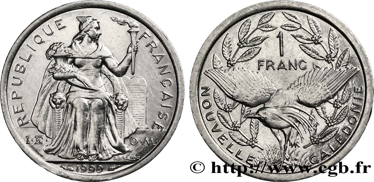 NUOVA CALEDONIA 1 Franc I.E.O.M. représentation allégorique de Minerve / Kagu, oiseau de Nouvelle-Calédonie 1990 Paris SPL 
