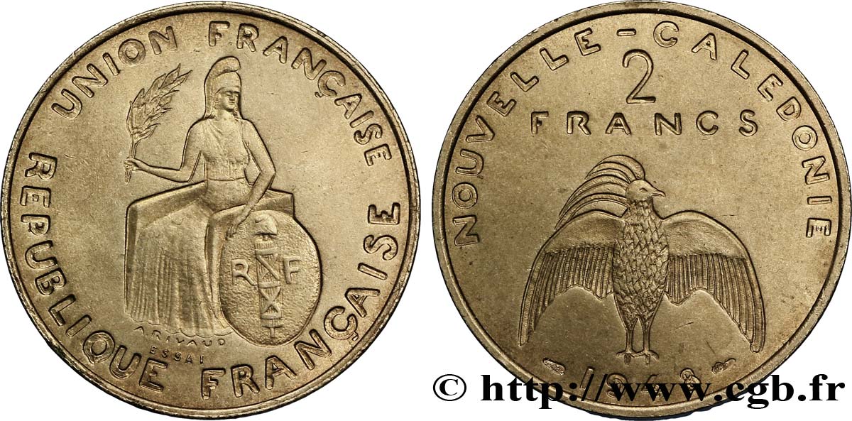 NUEVA CALEDONIA Essai de 2 Francs avec listel en relief 1948 Paris SC 