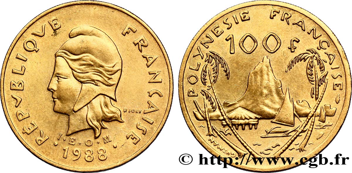 FRENCH POLYNESIA 100 Francs I.E.O.M Marianne / Paysage polynésien 1988 Paris AU 