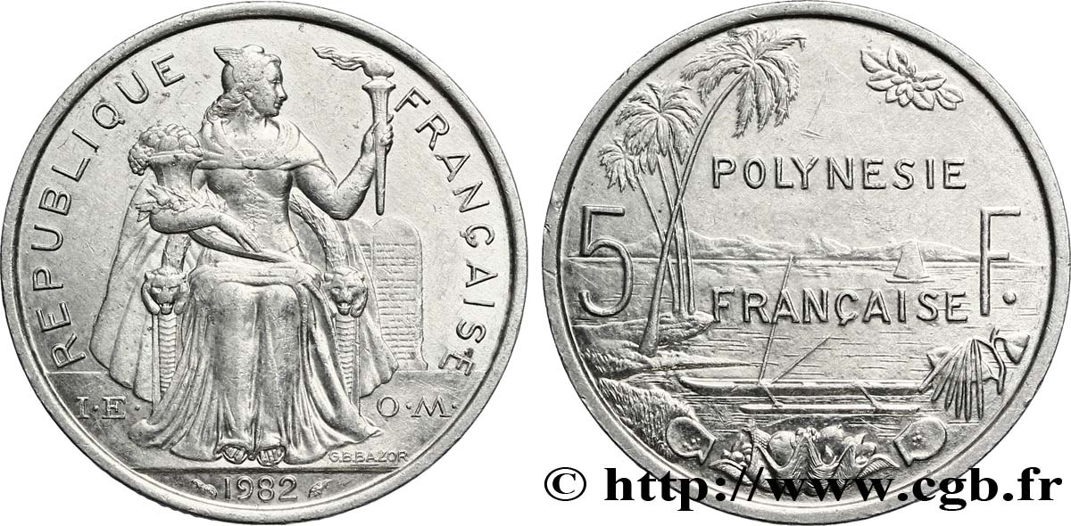 POLYNÉSIE FRANÇAISE 5 Francs I.E.O.M. Polynésie Française 1982 Paris SUP 