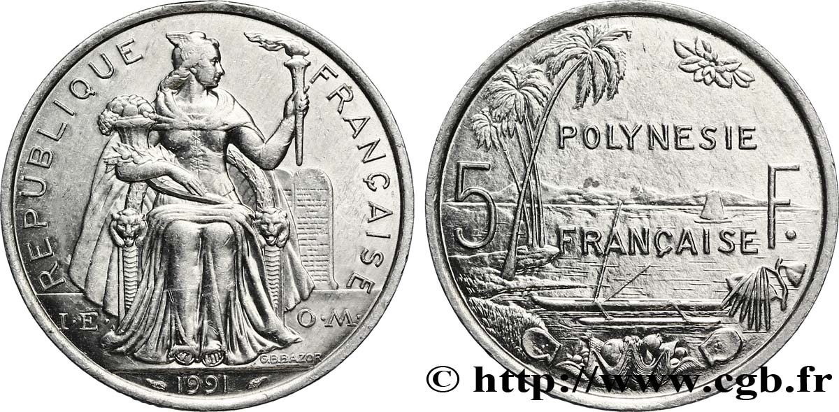 POLINESIA FRANCESA 5 Francs I.E.O.M. Polynésie Française 1991 Paris EBC 