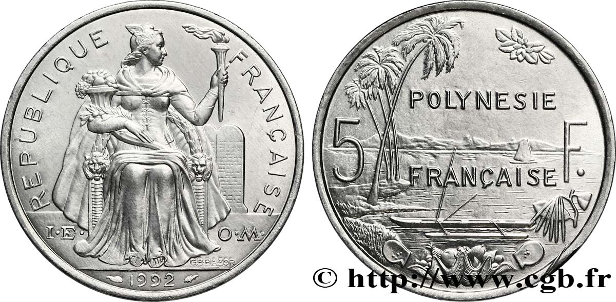 FRANZÖSISCHE-POLYNESIEN 5 Francs I.E.O.M. Polynésie Française 1992 Paris fST 