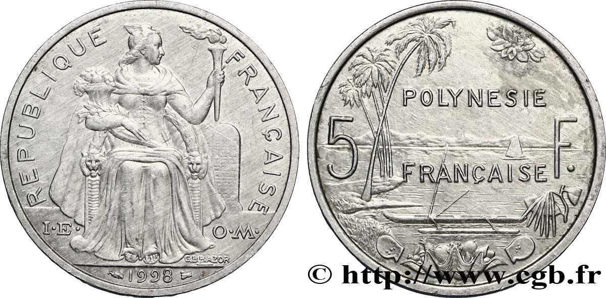 FRENCH POLYNESIA 5 Francs I.E.O.M. Polynésie Française 1998 Paris AU 