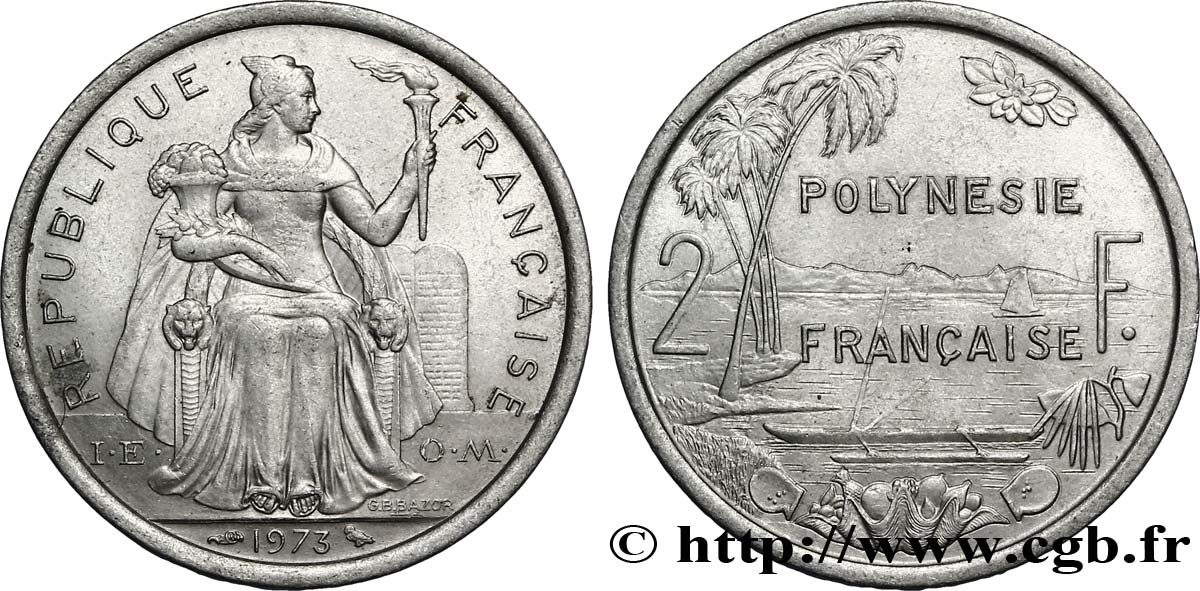 FRENCH POLYNESIA 2 Francs I.E.O.M. Polynésie Française 1973 Paris AU 