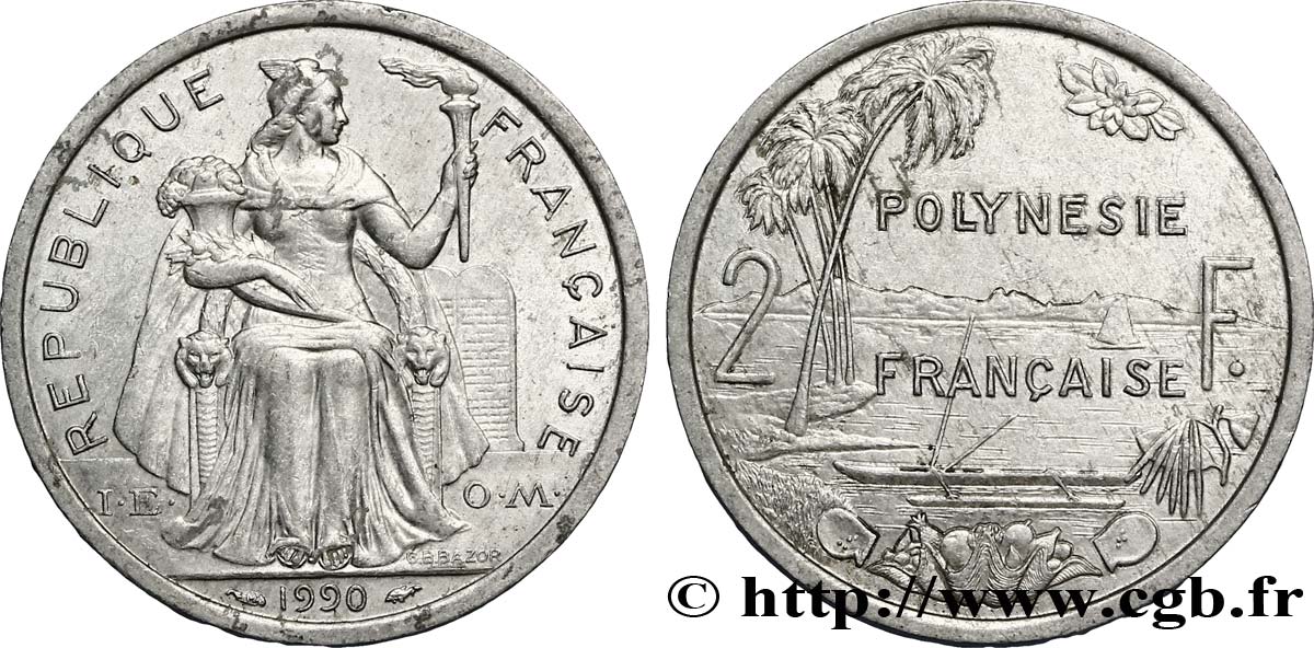 FRANZÖSISCHE-POLYNESIEN 2 Francs I.E.O.M. Polynésie Française 1990 Paris VZ 