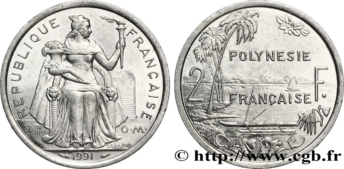 FRANZÖSISCHE-POLYNESIEN 2 Francs I.E.O.M. Polynésie Française 1991 Paris fST 