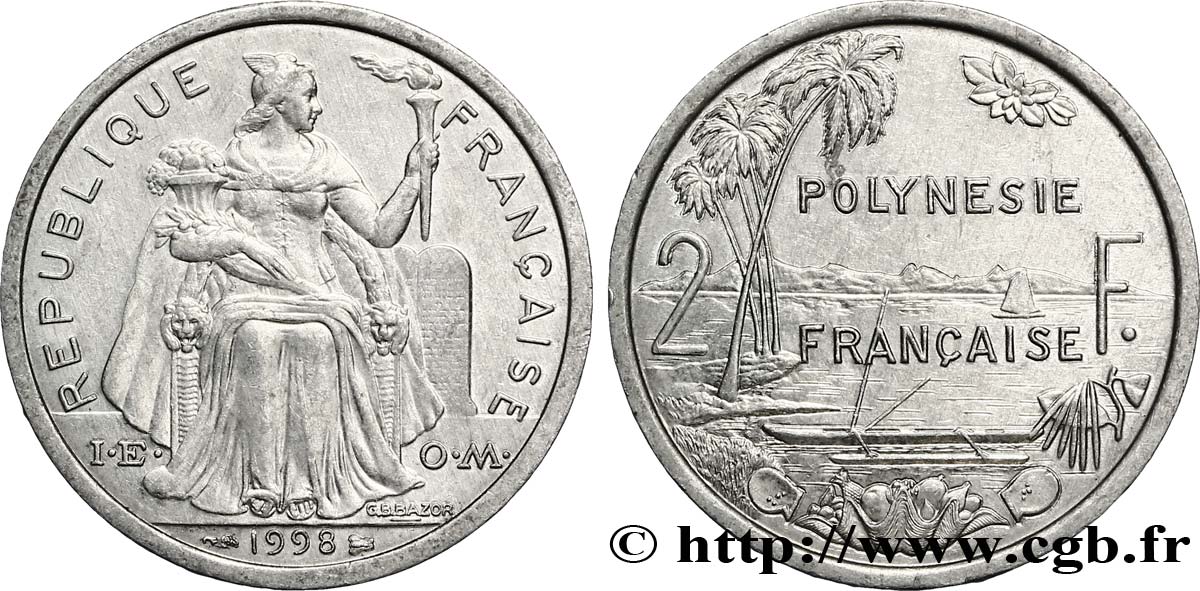 POLINESIA FRANCESA 2 Francs I.E.O.M. Polynésie Française 1998 Paris EBC 