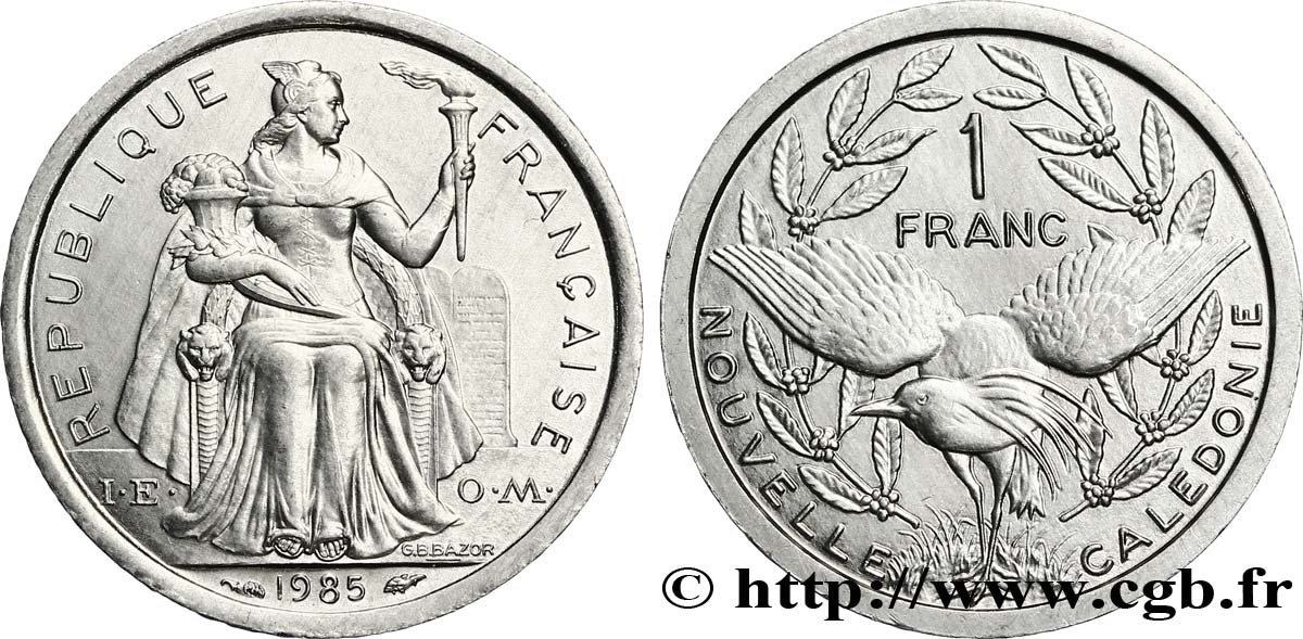 NOUVELLE CALÉDONIE 1 Franc I.E.O.M. représentation allégorique de Minerve / Kagu, oiseau de Nouvelle-Calédonie 1985 Paris SPL 