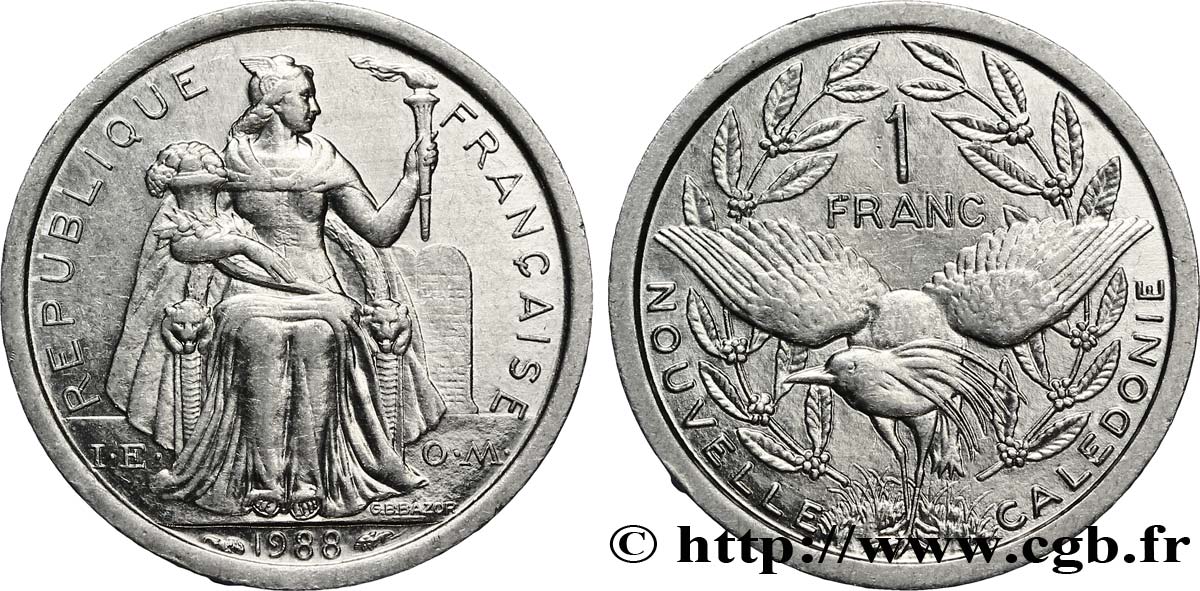 NOUVELLE CALÉDONIE 1 Franc I.E.O.M. représentation allégorique de Minerve / Kagu, oiseau de Nouvelle-Calédonie 1988 Paris SPL 