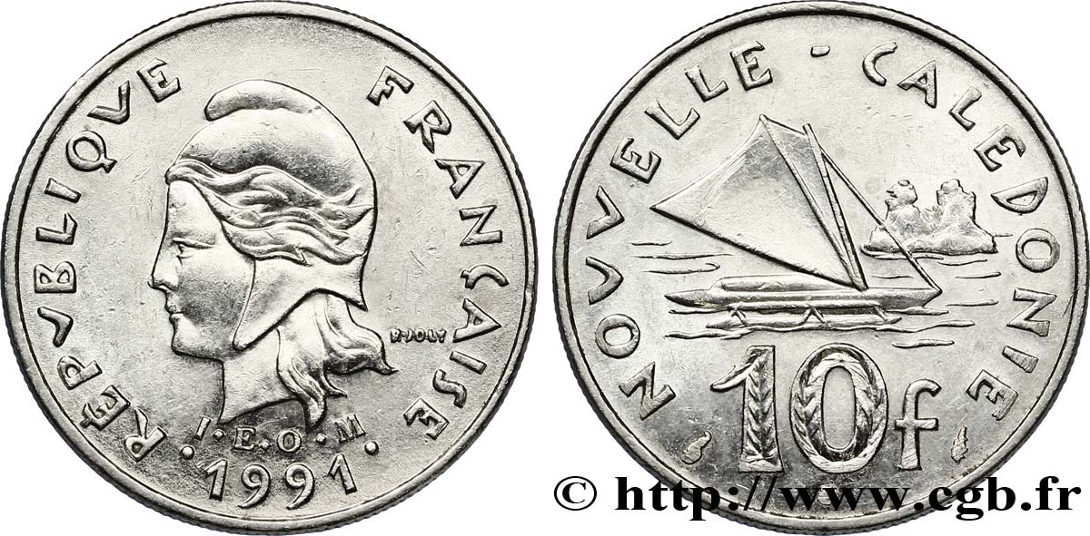 NOUVELLE CALÉDONIE 10 Francs I.E.O.M. Marianne / paysage maritime néo-calédonien avec pirogue à voile  1991 Paris SUP 