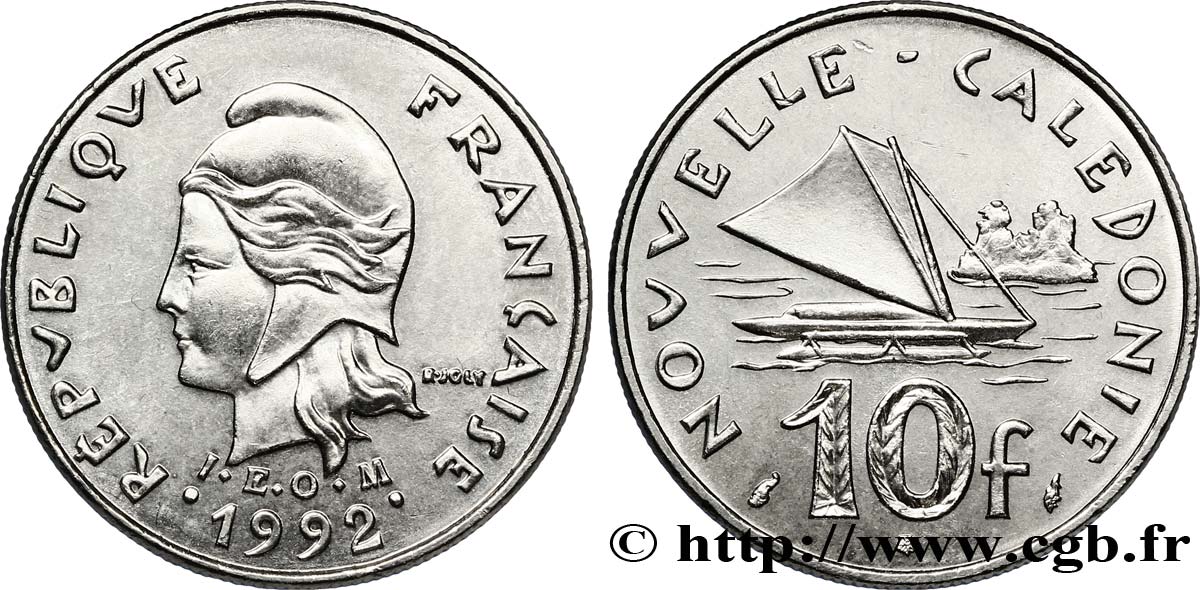NEUKALEDONIEN 10 Francs I.E.O.M. Marianne / paysage maritime néo-calédonien avec pirogue à voile  1992 Paris VZ 