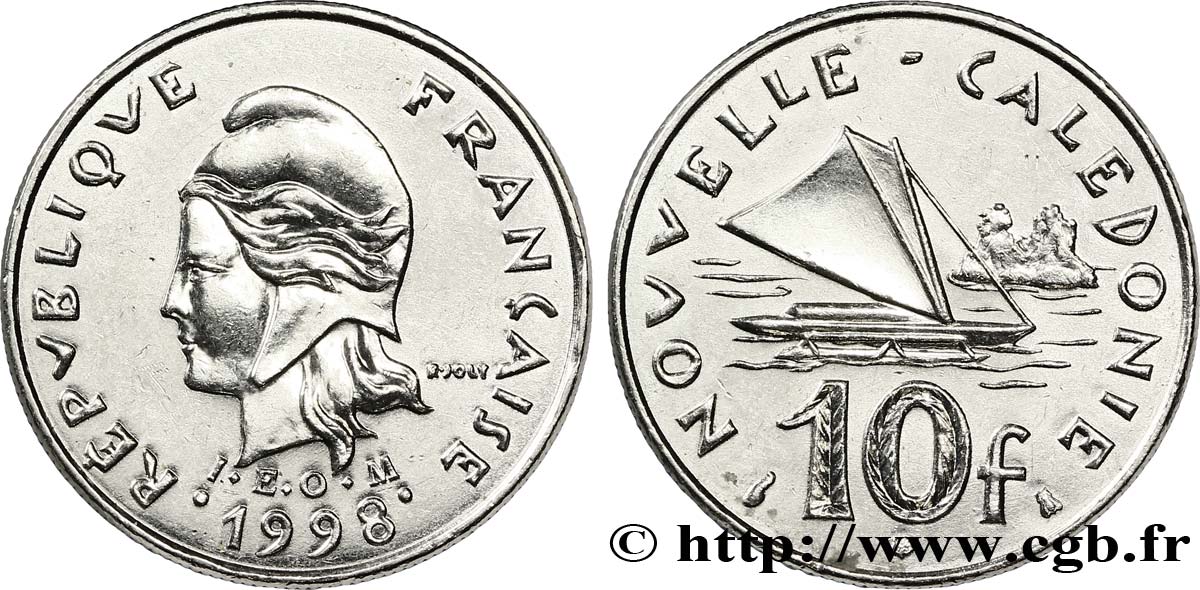 NEUKALEDONIEN 10 Francs I.E.O.M. Marianne / paysage maritime néo-calédonien avec pirogue à voile  1998 Paris VZ 