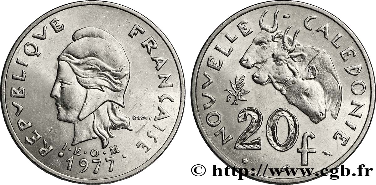 NEUKALEDONIEN 20 Francs I.E.O.M. Marianne / zébus d’élevage de Nouvelle Calédonie  1977 Paris VZ 